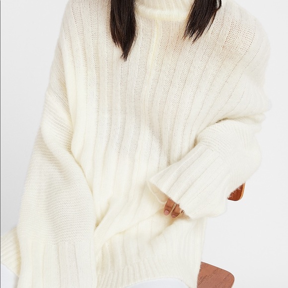 NWT Express Mixed Rib Mock Neck Tunic Sweater Off White/Ivory SZ Large - Picture 2 of 10